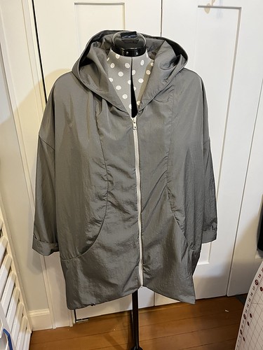 Gray nylon hooded jacket with front zipper