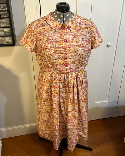 Pink and yellow abstract Liberty lawn Villager-style shirtdress with pink buttons