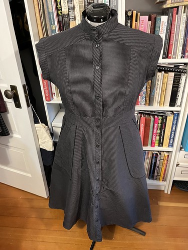 Black and gray minicheck Matilda dress with band collar