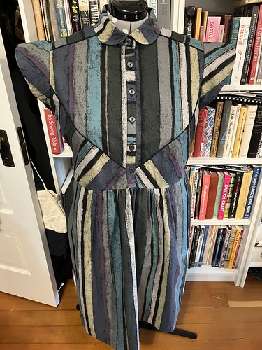 Isca shirtdress in cotton poplin with a distressed stripe pattern in shades of gray, teal, purple, black, and pale yellow